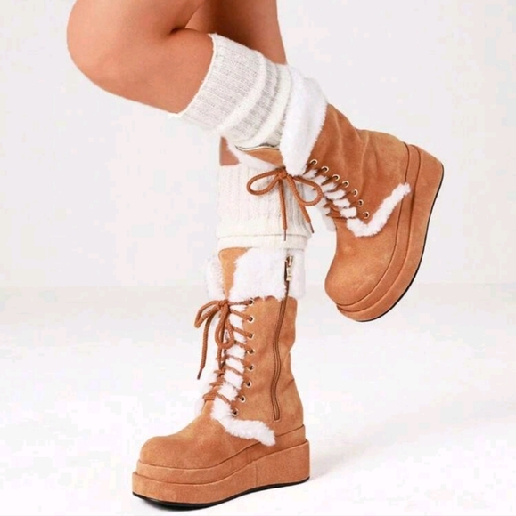 Women Winter Warm Faux Fur Snow Fluffy Mid Calf Boots Sweet Cute Furry Thick - Picture 2 of 5